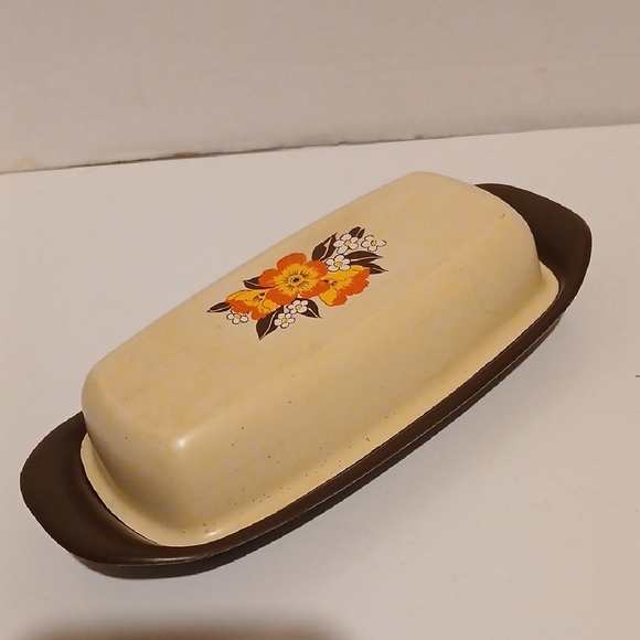 Vintage Other - Vintage 70s Sterlite Tablemate Cream and Brown Floral Butter Dish